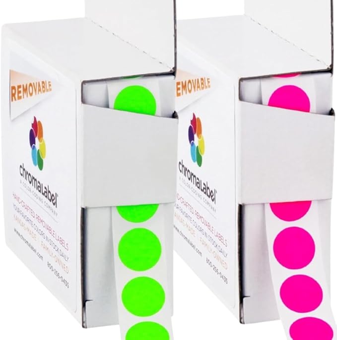 ChromaLabel 1/2 Inch Round Removable Colored Stickers, Color Coding Labels, Easy to Write On Dot Sticker - 1000 Stickers per Dispenser Box, Matte Finish Fluorescent Pink and Fluorescent Green Color
