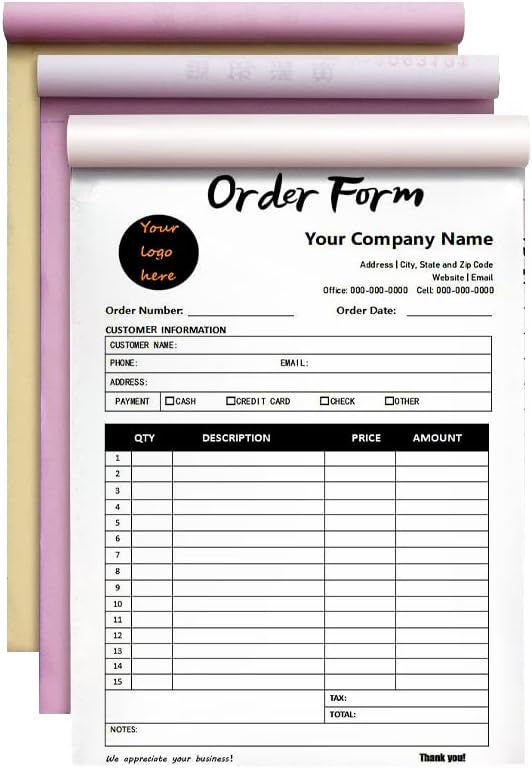 Custom Carbonless Sales Invoice Form Books for Small Business, Personalized NCR 3-Part Receipt Book with Carbon Copies, Cover Add Company Name, Address and Number Printed