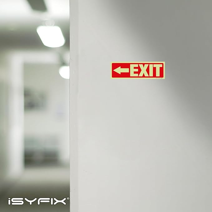 iSYFIX Exit Stickers Signs with Directional Left Arrow 2 Pack 12x4 Inch - Glow in the Dark Photoluminescent Vinyl for Office, School, Business, Warehouse - UV & Weather Resistant for Indoor/Outdoor Use