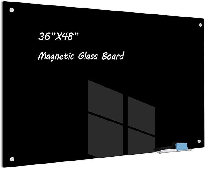 JYYPWB Magnetic Glass Whiteboard 48" x 36" Dry Erase Board Frameless Premium Tempered Galssboards Wall Mounted Glossy writeboard with Eraser, Marker Tray for Interactive Office, (Black)