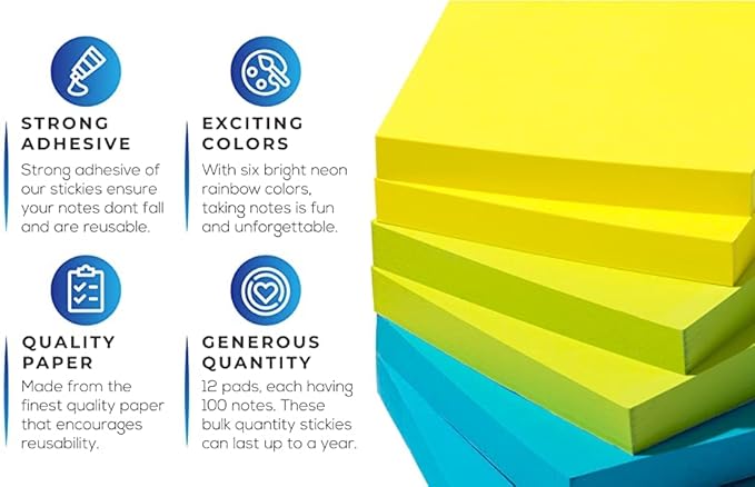 Infiniko Sticky Notes 3x3 Inch, 1200 Sheets (100 Sheets Per Pad), 6 Bright Color Sticky Pads, Super Sticky Notes with Strong Adhesive Office Supplies for Desk, School & Daily Planning