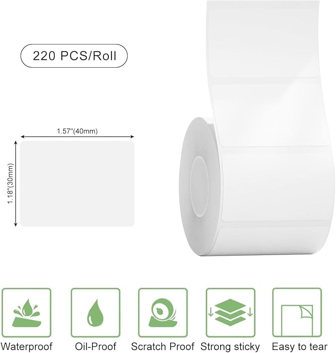Risio Thermal Labels 1.57"x1.18"(40x30mm),220 Labels/Roll(10 Rolls),Waterproof, Oil-Resistant, Scratch-Resistant Thermal Label Paper,for Barcode/Address/Mailing/Logo/Business/Home
