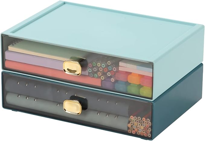 OSteed Spacious Desktop Storage Box, 1 Large Storage Drawer, Stackable Office Desk Drawer Organizer and Accessories, Printer Paper Organizer, Blue Plastic Drawers for Workspace & Home