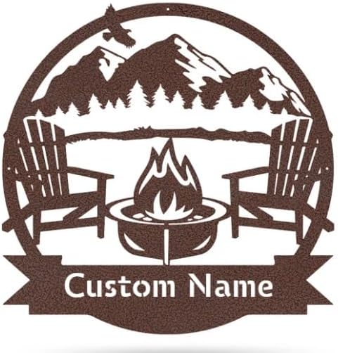 RealSteel Personalized Mountain Campfire Monogram Metal Sign – Custom Family Name Rustic Wall Art for Cabin, Campground, RV & Backyard Fire Pit – Outdoor Camping Décor – Unique Personalized Gift – USA