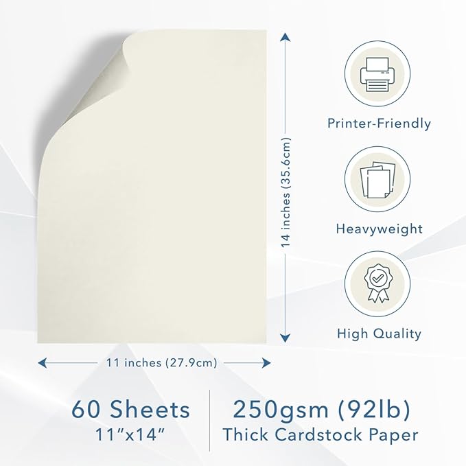 MOS Off-White Cardstock Paper 11 x 14 Inch (60 Sheets) — Heavyweight Poster Board Card Stock for Crafts, Certificates, Menus, Art Projects, Printer Compatible