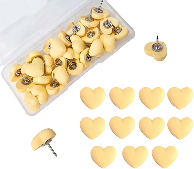 Aoxsie 28pcs Decorative Cute Push Pins Heart Yellow Thumbtacks Thumb Tacks Pushpins for Bulletin Cork Boards Office Products
