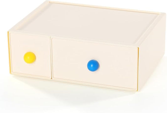 OSteed Desktop Drawers, Desk Organizer with 2 Drawers & Dopamine Handles, Stackable Plastic Storage Box for Home Collection, Cosmetics, Office Supplies (1 Tall Layer, Cream)
