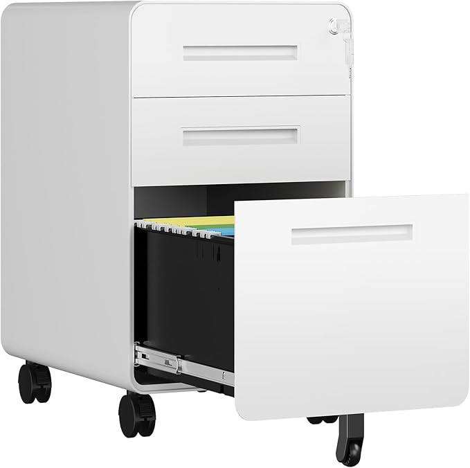 AFAIF 3 Drawer File Cabinet, Fully Assembled Mobile File Cabinets with Lock for Home Office, Metal Rolling Filing Caninet on Wheels, Three Drawer Under Desk Cabnet for Letter/Legal / A4 - White