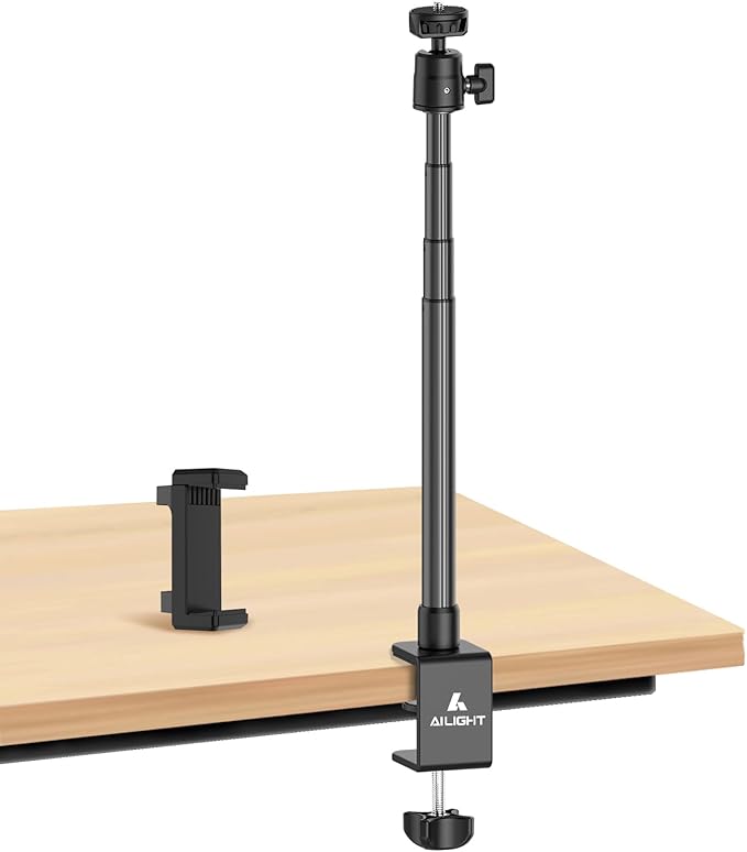 Ailight Camera Desk Mount Webcam Stand with Phone Holder, Adjustable Table Camera Stand with 1/4" Screw & C Clamp Overhead Tripod Webcam Mount for Logitech Obsbot insta360 Anker and Others