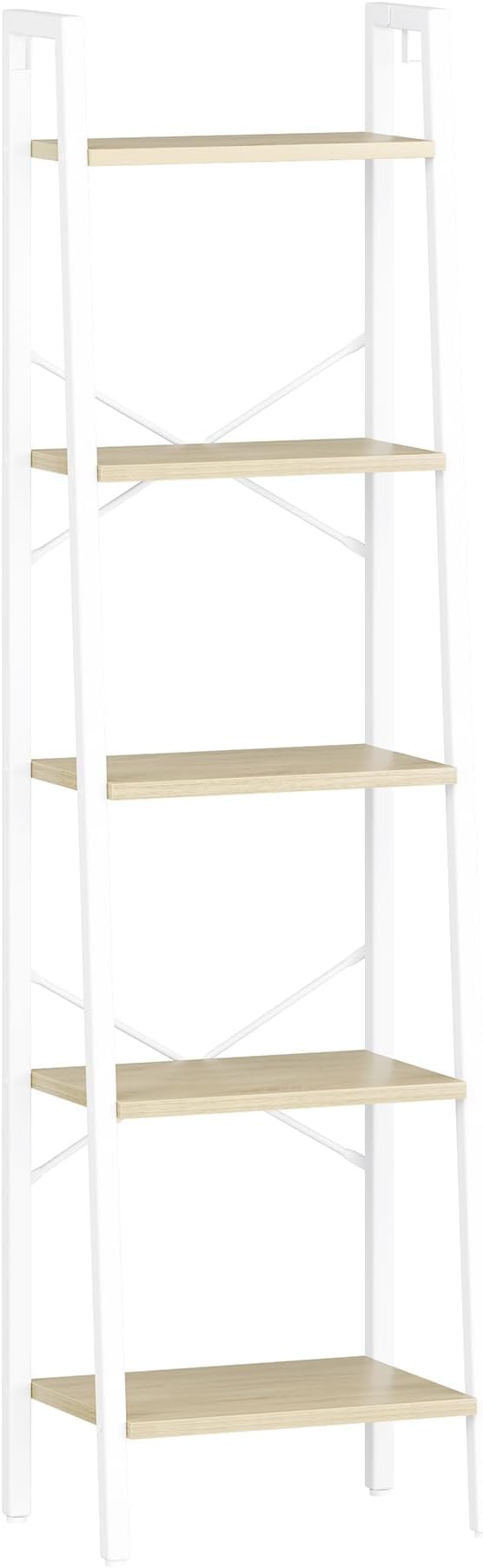 Hzuaneri Ladder Shelf, Bookshelf Bookcase, Freestanding Corner Storage Shelve with 2 Hooks for Home Office, Living Room, Kitchen, Bedroom, Industrial, 11.8" D x 17.3" W x 63" H, White Oak and White