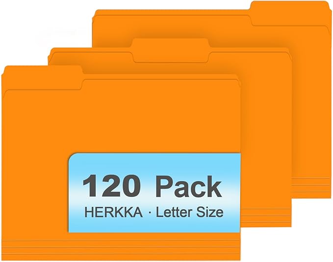 File Folder, HERKKA 120 Pack 1/3 Cut Tab File Folders, File Folders Great for Organizing and Filing, Letter Size, Orange