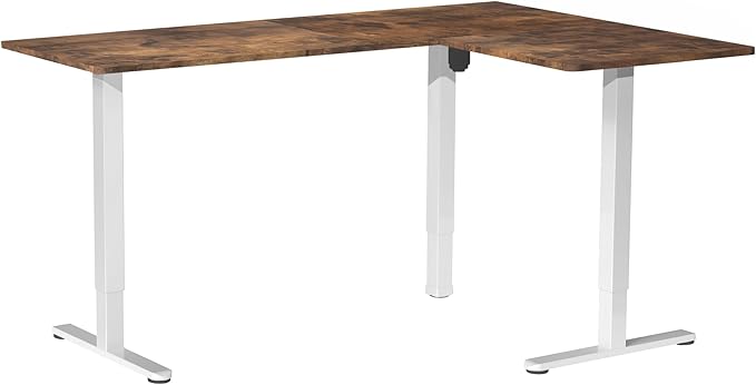 VIVO Electric Corner 63 x 47 inch L-Shaped Standing Desk, Memory Height Adjustment, Rustic Vintage Brown Top White Frame, DESK-E3CTWN-47