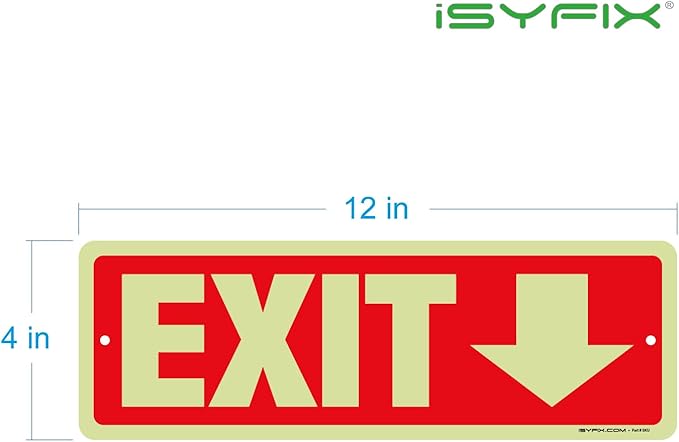 iSYFIX Exit Signs with Directional Down Arrow, Glow in the Dark, Photoluminescent Aluminum 12x4 Inch - 12 Pack, Laminated for UV & Weather Resistance, Ideal for Offices, Schools, Theaters & More