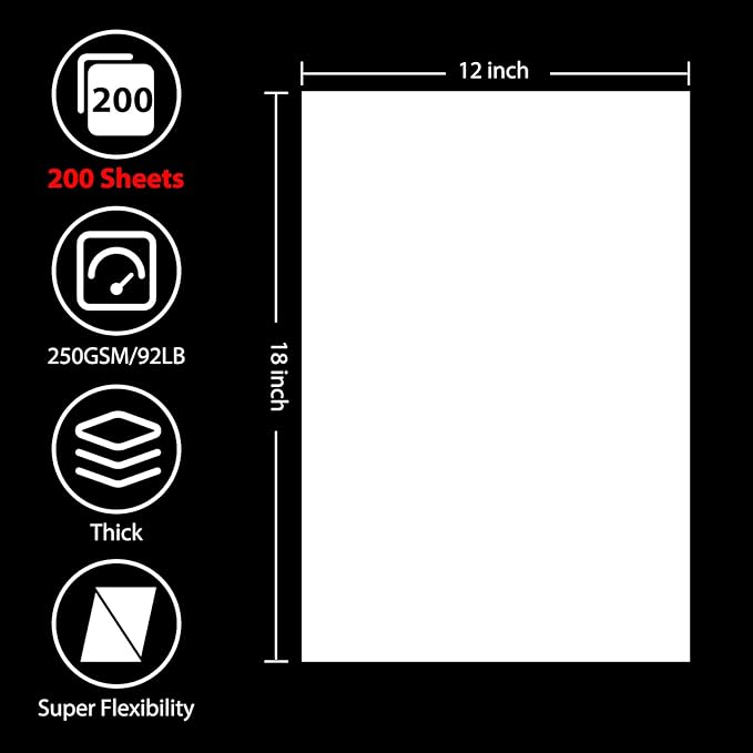 OcePor 200 Sheets White Cardstock 12” x 18”, 92lb/250gsm Black Card Stock, Thick Card Stock Paper, Heavy Cardstock Paper for Printer, Resume, Scrapbooks, Art, Crafts, Business Cards