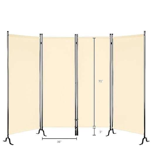 Proman Products - Galaxy 4 Panel Section Privacy Folding Screen Divider, Water Repellent Fabric Room Divider with Black Powder Coated Metal Frame for Indoors or Outdoors (Beige)