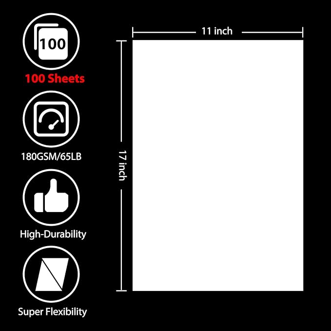 OcePor 100 Sheets White Cardstock 11” x 17”, 65lb/180gsm White Card Stock, Thick Card Stock Paper, Heavy Cardstock Paper for Printer, Resume, Scrapbooks, Art, Crafts, Business Cards