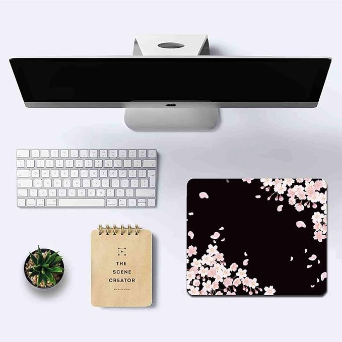 IMAYONDIA Cute Pink Flowers Mouse Pad, Cherry Blossom Mouse Pad, Serene Blossoms on Black Elegant Floral Mousepad, Japanese Minimalistic Mice pad for Computer Office Girl, 9.5 x 7.9 Inch
