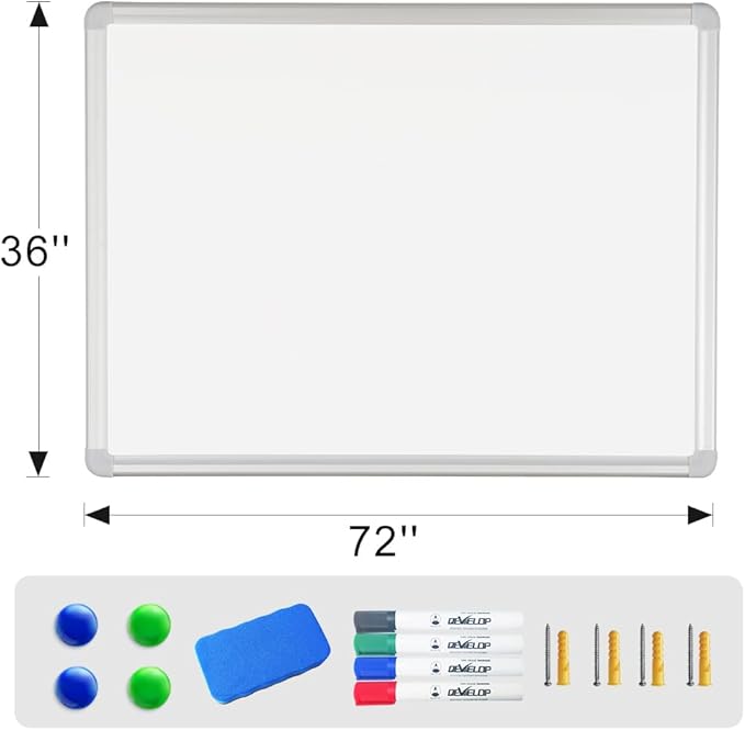 DEVELOP Large Magnetic Dry Erase Board 36 x 72 Inch, 3' x 6' Wall Mounted White Board with Aluminium Frame & Detachable Marker Tray, Magnetic Whiteboard for Home School Office