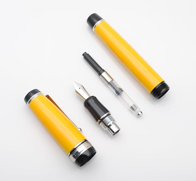 xixixiaozhu Metal Big Fountain Pen Set Medium Nib 0.7mm, Includes Ink Refill Converter, 5 Ink Cartridges & Gift Box (Medium Nib 0.7mm, Yellow with Silvery Clip)