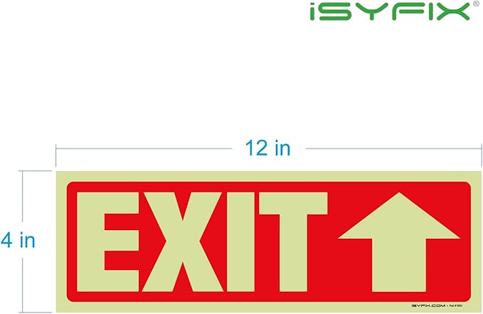 iSYFIX Exit Stickers Signs with Directional Up Arrow 12 Pack 12x4 Inch - Glow in the Dark Photoluminescent Vinyl for Office, School, Business, Warehouse - UV & Weather Resistant for Indoor/Outdoor Use