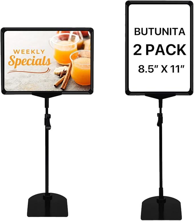 BUTUNITA Sign Holder Stand, 8.5x11 Inch Adjustable Tabletop Sign Holder Floor Stand for Supermarket, Vertical&Horizontal View Displayed (Black,2Pcs)