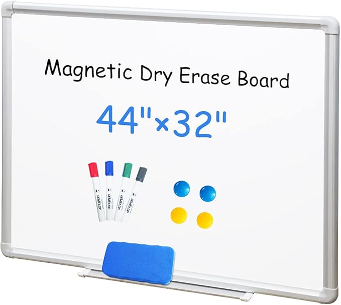 DEVELOP Magnetic White Board Dry Erase, 32 x 44 Inch, Dry Erase Board Aluminum Frame for Wall, Hanging Whiteboard with Detachable Marker Tray for Planning, Kitchen, Memo, School, Home, Office