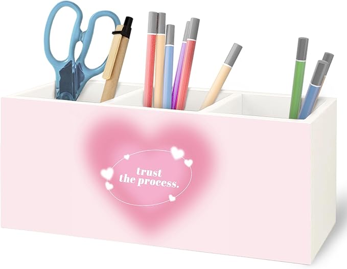 URLLUAE Preppy Pink Heart Aura Inspirational Wooden Pen Pencil Holder for Office Desk Accessories, Trust the Process Spiritual Positive Makeup Brush Toothbrush Holder Organizer