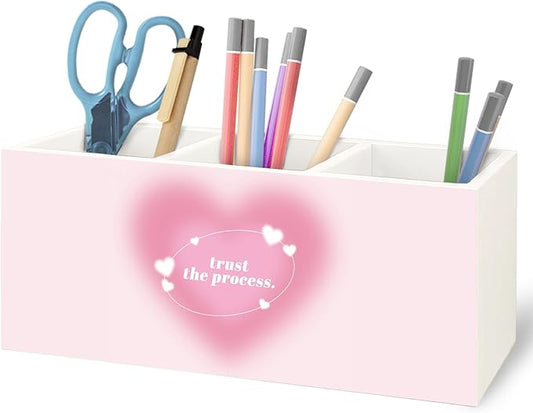 URLLUAE Preppy Pink Heart Aura Inspirational Wooden Pen Pencil Holder for Office Desk Accessories, Trust the Process Spiritual Positive Makeup Brush Toothbrush Holder Organizer