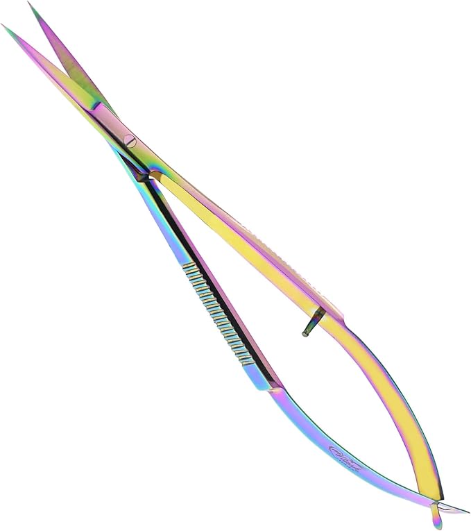 Cross Edge Spring Scissors 5 Inch straight Stainless Steel Precision Eyebrow & Eyelash Shaping & Trimming Scissor, Snips Squeeze, Embroidery, Knitting Micro Tip Craft Scissors (Rainbow)