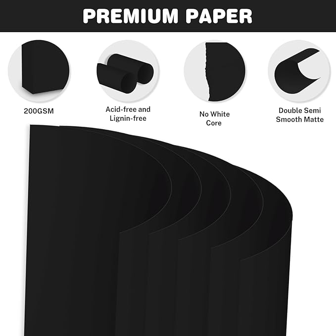Cardstock 8.5 X 11, 40 Sheets Black Card Stock, 75lb/ 200gsm Copy Paper, Cardstock Printer Paper For Art, Drawing, Invitations, DIY Cards, Watercolor, Craft, Construction, School & Office Supplies