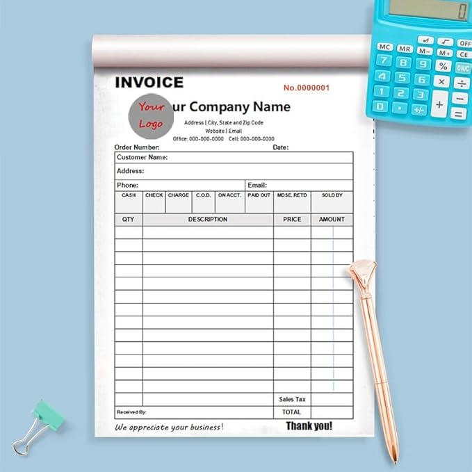 Personalized Invoice Book Custom 2 Part/3 Part Receipt Book Quote Estimate Order Forms Carbonless Form with Your Company Name Logo Address,2-10 Books (Style 8)