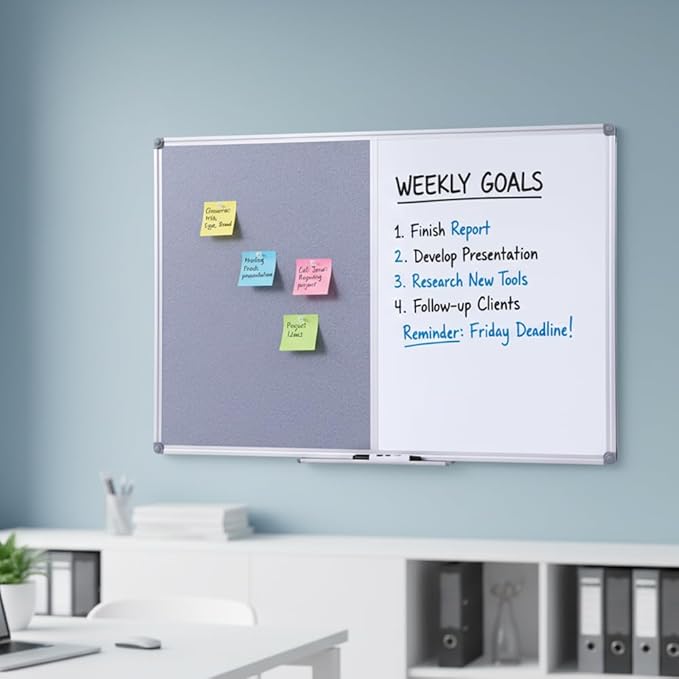 DexBoard 36 x24 inch Cork & Dry Erase Combo Board - Magnetic Whiteboard & Grey Bulletin Board for Office, Home, Classroom | Wall-Mountable with Aluminum Frame & Pen Tray