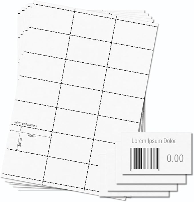 OfficeGear Shelf Edge Barcode Price Ticket Labels 21-up [25 Sheets - 525 Pack] 38x70mm Custom Printable A4 120gsm Card Micro-Perforated Non-Adhesive Merchandise Tag Includes Design Template