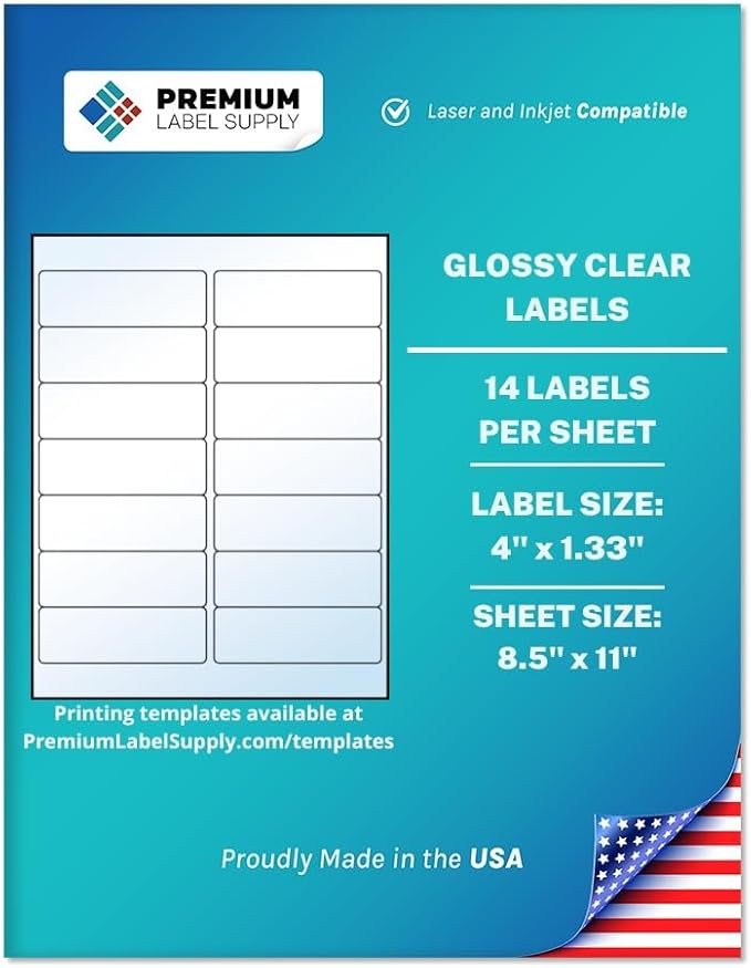 Premium Label Supply Glossy Clear Mailing Labels – 4" x 1.33" – Laser/Inkjet Compatible – (14 per Sheet), 100 Sheets – 1,400 Total Adhesive Labels
