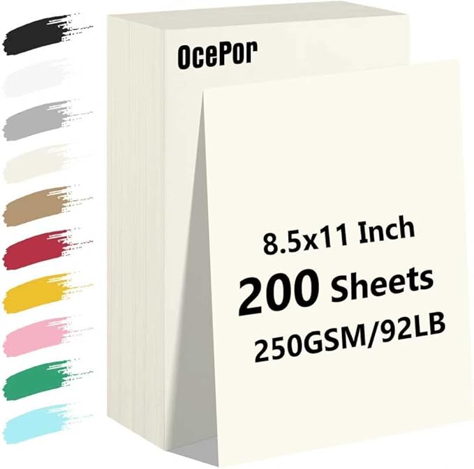 OcePor 200 Sheets Cream Cardstock Paper, Colored Printer Paper 8.5 x 11, Card Stock Thick Construction for Craft,Scrapbook，Office Printing, Invitations, Certificates，92 lb/250gsm