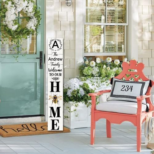 SRongmao Welcome To Our Home Porch Sign Personalized Welcome Sign for Front Door Custom Family Name Signs Standing Vertical Rustic Farmhouse Bee Decor for Front Door Wall Decor