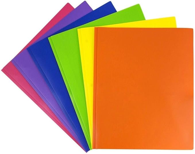 JAM PAPER Plastic 2 Pocket POP Folders - Durable School Folders with Metal Prongs Fastener Clasps - Assorted Primary Colors - Bulk 48 Folders/Box (8 Assorted Packs of 6)