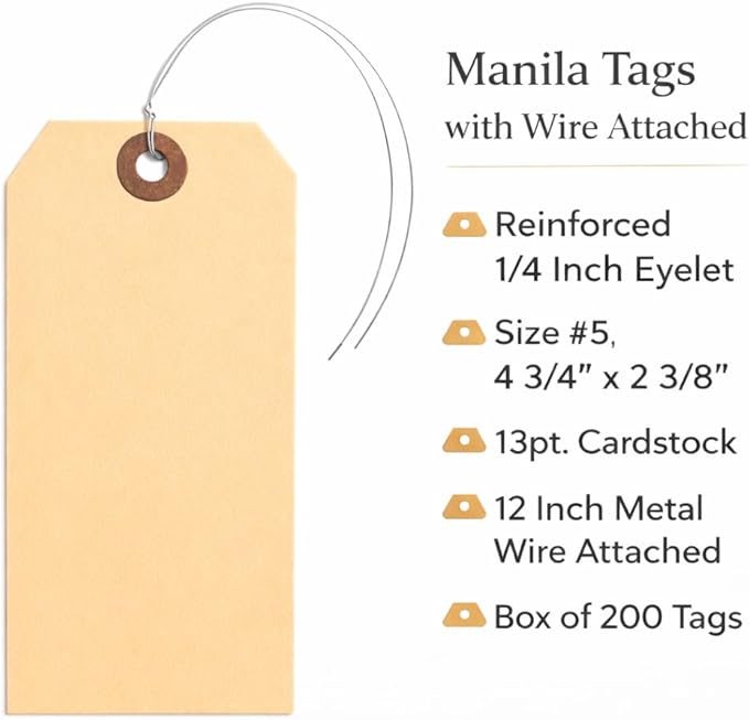 Durable Shipping Tags with Wire Ties – 200 Tags # 5, 4 3/4" x 2 3/8" – Manila Paper Tags with Wire and Reinforced Eyelet