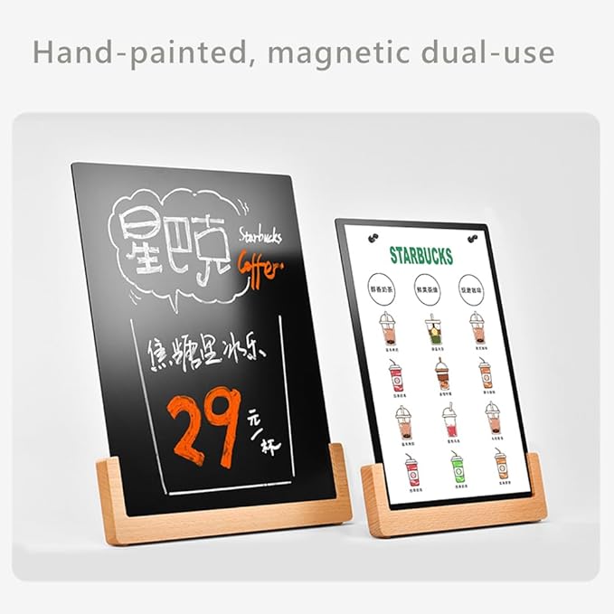 ECKEK Chalkboard Sign Tabletop Chalkboard Signs with Base Stand Carbon Steel Menu Chalkboard Stand,Message Board for Shop, Restaurant, Home Decoration (Wooden Base 28 * 36cm/11.02×14.17inches), White