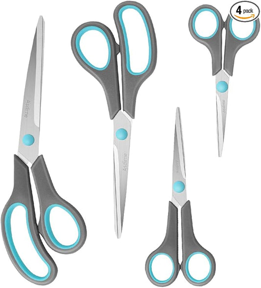 Asdirne Scissors Set of 4, Premium Stainless Steel Razor Blades, Ergonomic Semi-Soft Rubber Grip, Suitable for School, Office and Family Daily Use, 9.6''/8.5''/6.4"/5.4", Blue&Gray