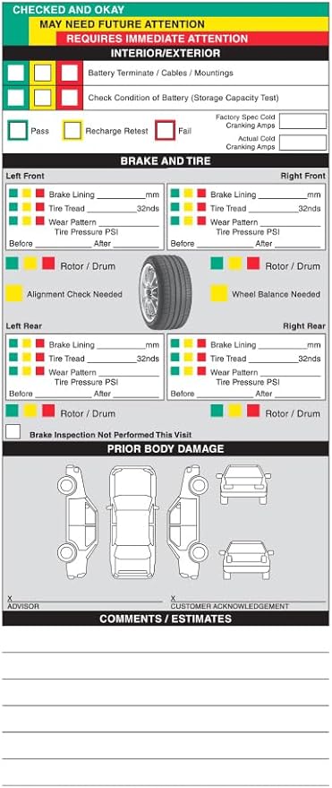 Visual Vehicle Inspection Report – 2-Part Carbonless Vehicle Checklist, Snap-Out Auto Service Forms, Fleet Maintenance Logs, Car Checkup Sheets - White & Canary 8.5"×11" - Pack of 500