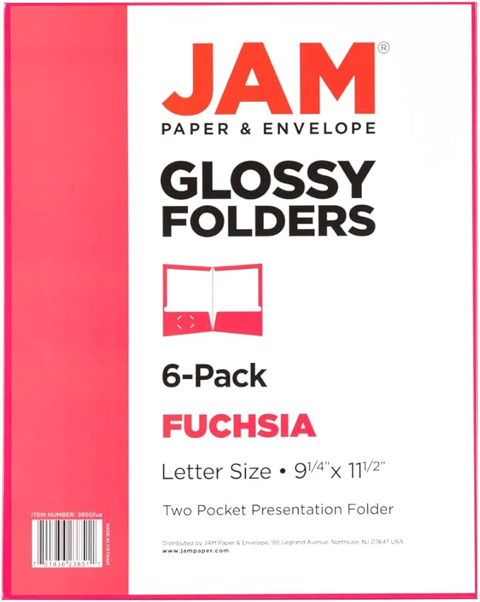 JAM PAPER Laminated Two Pocket Glossy School Folders - Letter Size - High Gloss Fuchsia Hot Pink - 6/Pack