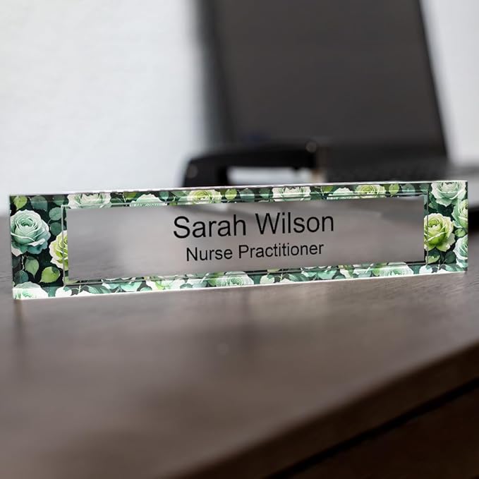 Signs ByLITA Floral Pattern Customized Nameplate | Sage Rose Personalized Full Color Acrylic Desk Sign