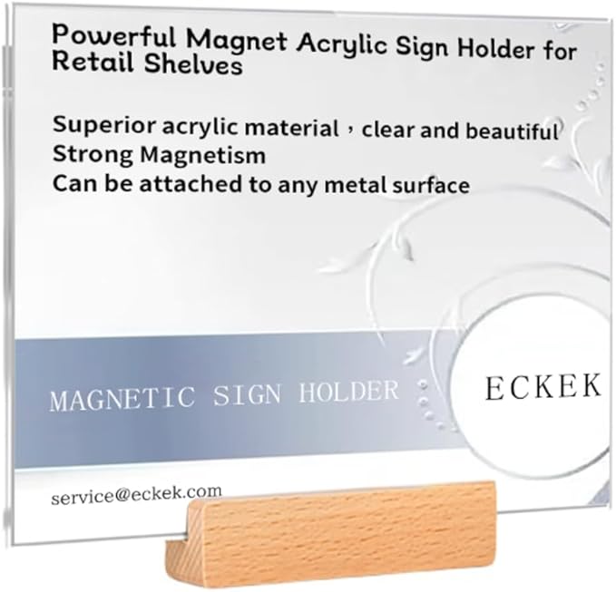 ECKEK Magnetic Sign Holder Grip Holder, Powerful Magnet, Acrylic Sign Holder for Retail Shelves Display Store Vendor Event Warehouse and Shop Supplies (Wood Base 210*150mm/8.27*5.91inches)