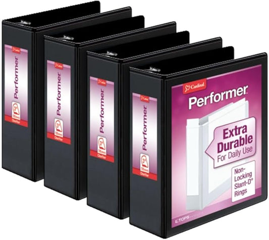 Cardinal Performer 3-Ring Binders, 3", Non-Locking Slant-D Rings, 725-Sheet Capacity, ClearVue Presentation, Non-Stick, PVC-Free, Black, 4-Pack (27601)