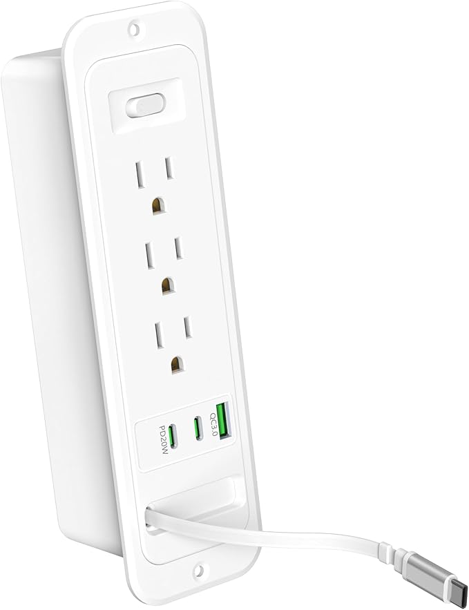 Recessed Power Strip with Retractable USB C Cable,2 PD 20W USB C,Flush Mount Countertop Drawer Outlet, Furniture Hidden Outlet for Side Table,End Table,3 Outlets (White, 6FT-20W USB)