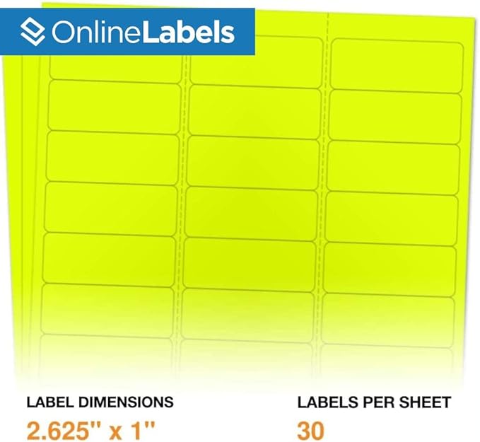 Neon Yellow Address Labels - 2.625 x 1 - Pack of 3,000 Labels, 100 Sheets - Inkjet/Laser Printer - Online Labels
