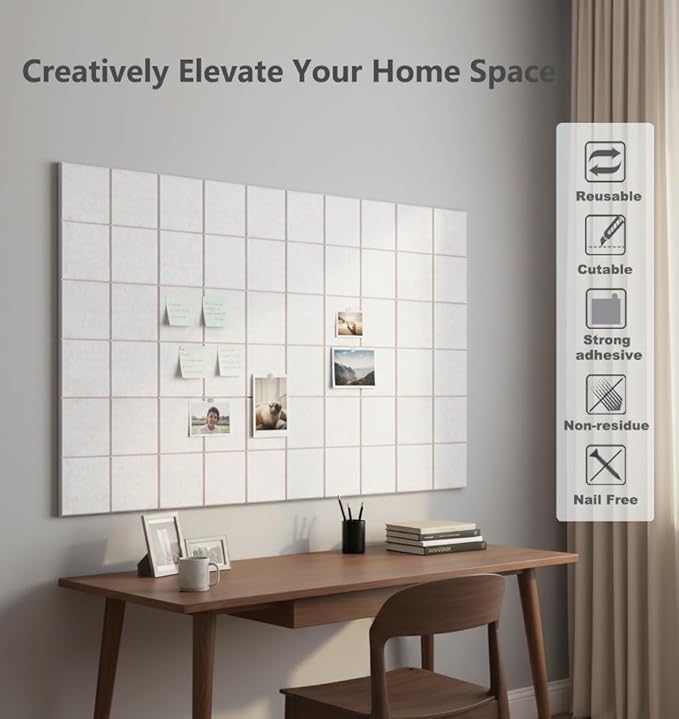 G Gamit Large Felt Wall Tiles Bulletin Board 59”x36”,Large Cork Board Alternative with 60 Pushpins, 15-Pack Felt Pin Board with 112 Safe Removable Adhesive Tabs for Home Office School (Oatmeal)