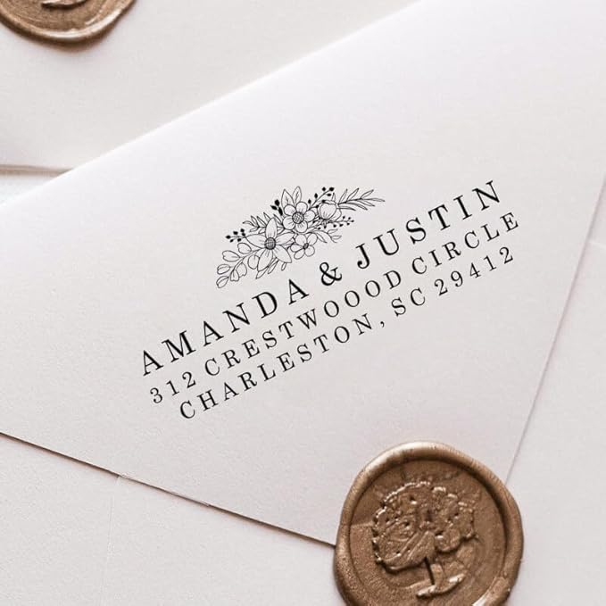 Custom Floral Address Stamp | Choose from 12 Designs | Multiple Ink Color Options | Envelope Return Address Stamp for Couple or Family (Design 5, Extra Large)