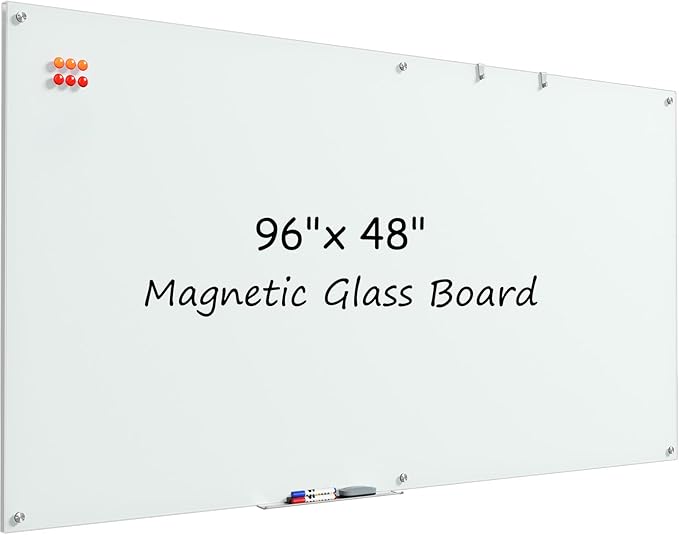 MaxGear Glass Whiteboard, Tempered Magnetic Dry Erase Board 96 x 48 Inch, Frameless Wall Mounted, Office Classroom Conference Room Home Use, Includes Markers, Eraser, Magnets & Mounting Kit